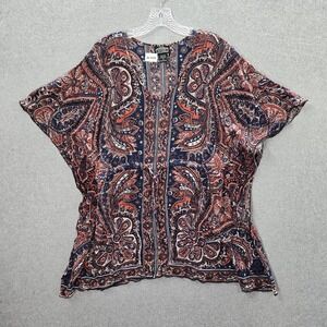 Angie Women Blouse Large Navy Paisley Bohemian V-Neck Kaftan Tunic Beach